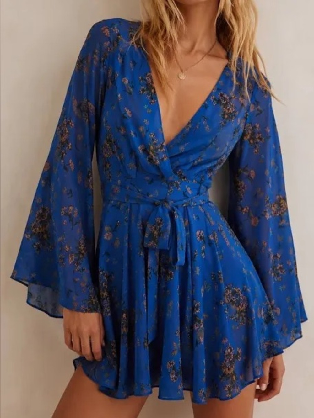 Free People Lilou Cobalt Blue Floral Flutter Belle Sleeve Chiffon Swing Dress